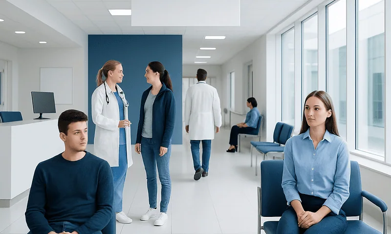 Patients waiting in a modern hospital corridor with medical staff and visitors.