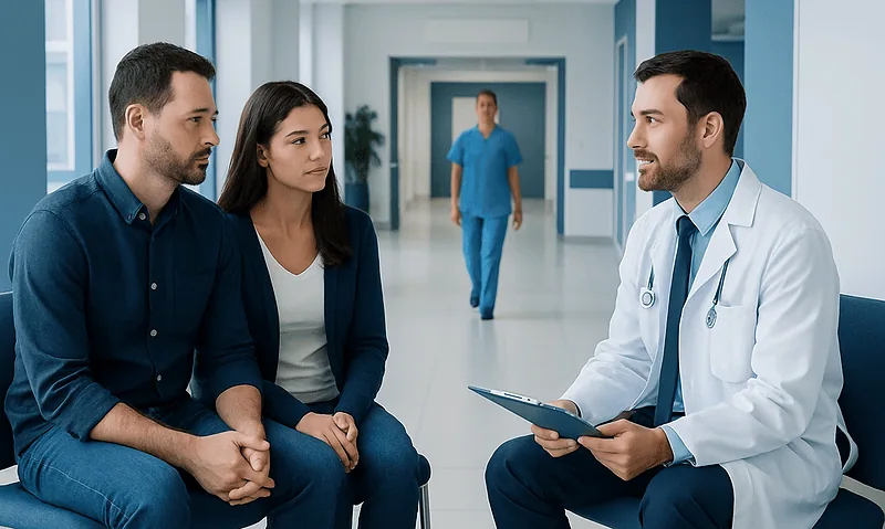 Doctor consulting with couple in hospital corridor about fertility options.