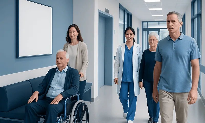 Patients and medical staff walking in a hospital corridor.