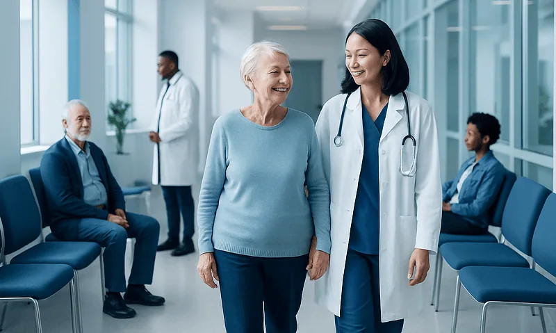 Happy elderly woman with healthcare professional in hospital corridor.
