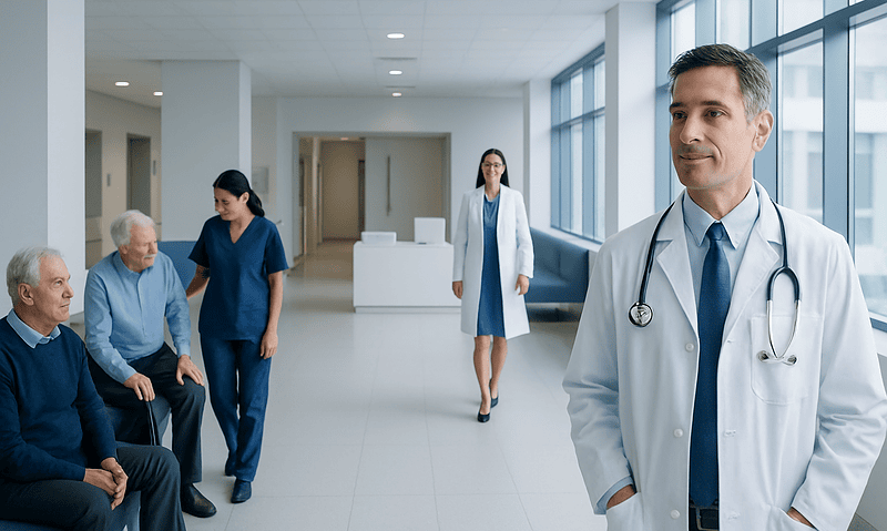 Health Library 5 Healthcare professionals and patients in a modern hospital corridor.