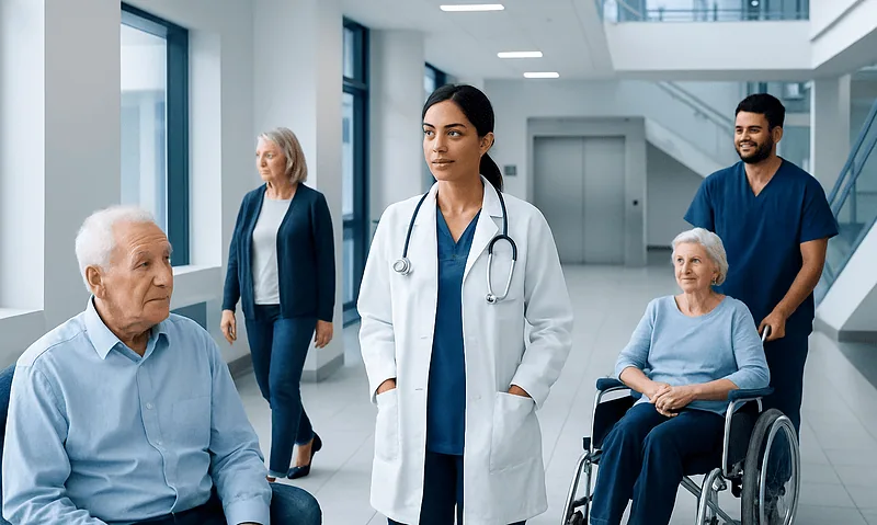 Health Library 9 Healthcare professionals and elderly patients in a modern hospital setting.