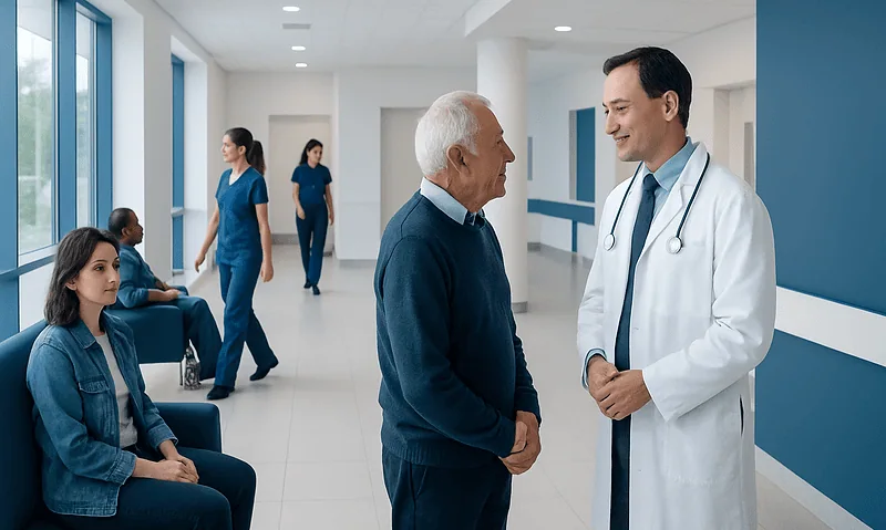 Doctor talking to elderly patient in hospital corridor with waiting patients.