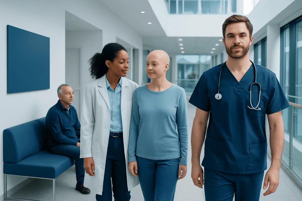 Manual FUE or NeoGraft: Which Method Do Surgeons Use? 1 Healthcare professionals and patient in a modern hospital corridor.