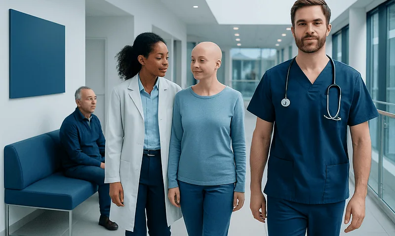 Healthcare professionals and patient in a modern hospital corridor.