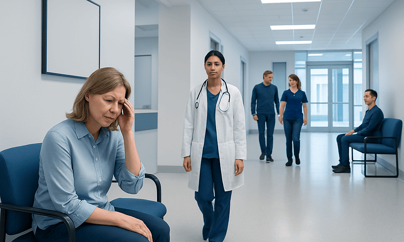 Patient with headache in hospital waiting area with medical staff nearby.
