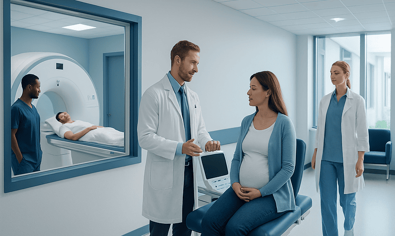 Doctor consulting pregnant woman in hospital corridor near MRI machine.