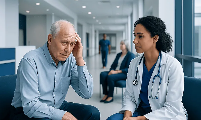 Elderly man consulting with a healthcare professional in a hospital corridor.