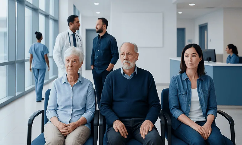 Elderly patients waiting in a hospital corridor for medical consultation.