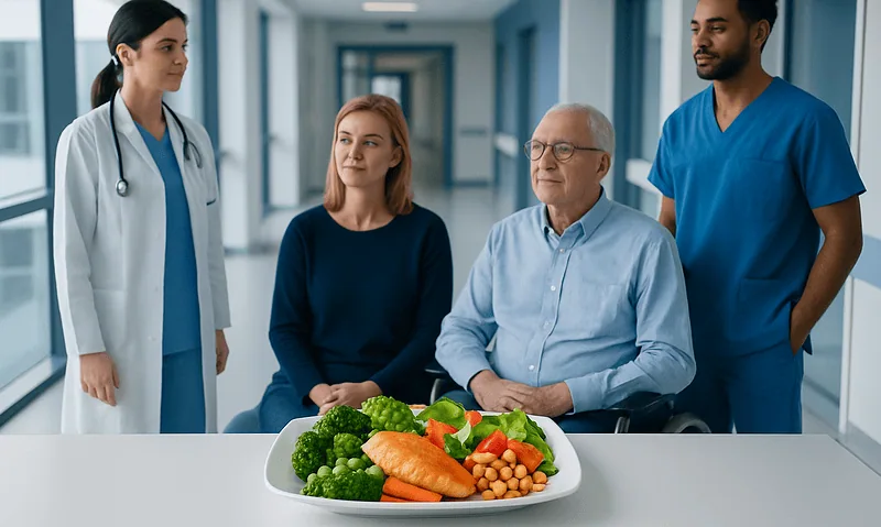 Healthcare professionals and patient discussing balanced diet at hospital.