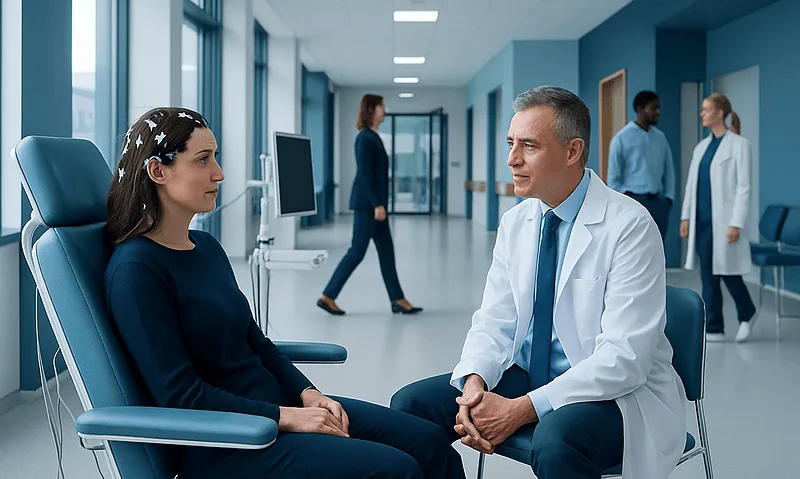 Doctor consulting with a patient in a hospital corridor.
