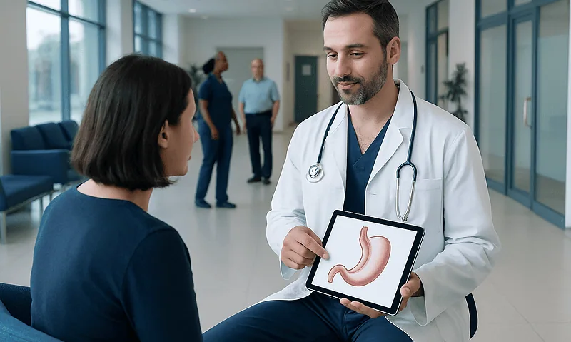 Doctor explaining stomach surgery to a patient in a hospital corridor.