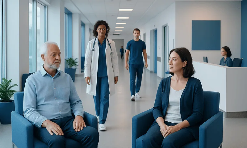 Patients waiting in a modern hospital corridor with medical staff nearby.