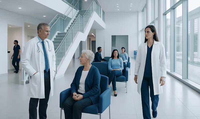 Medical professionals consulting with a patient in a modern hospital lobby.