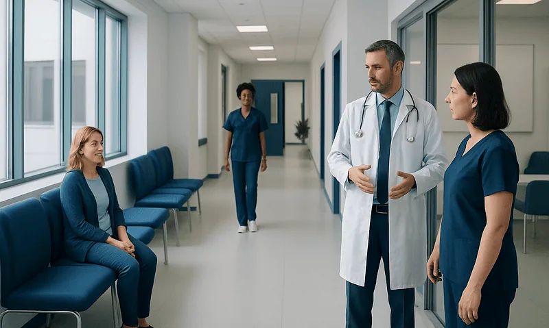 Medical consultation in a hospital corridor with doctors and patient.