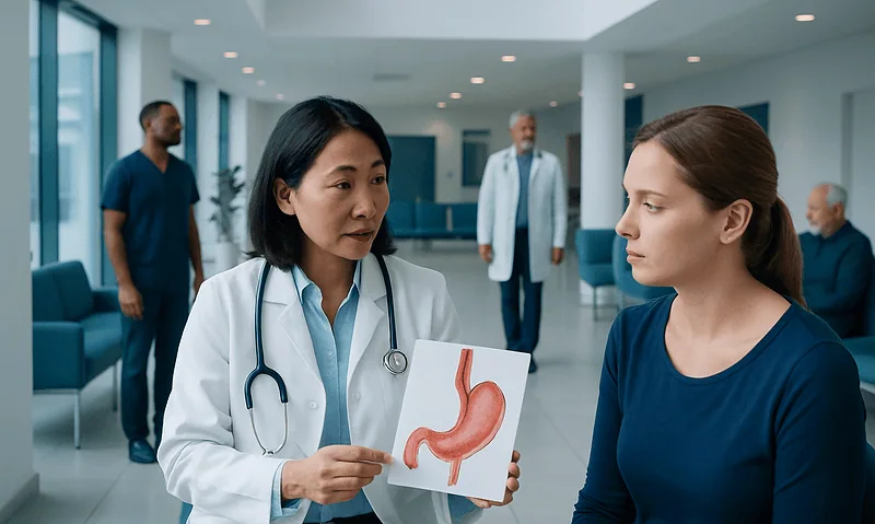 Doctor explaining stomach anatomy to a patient in a hospital setting.
