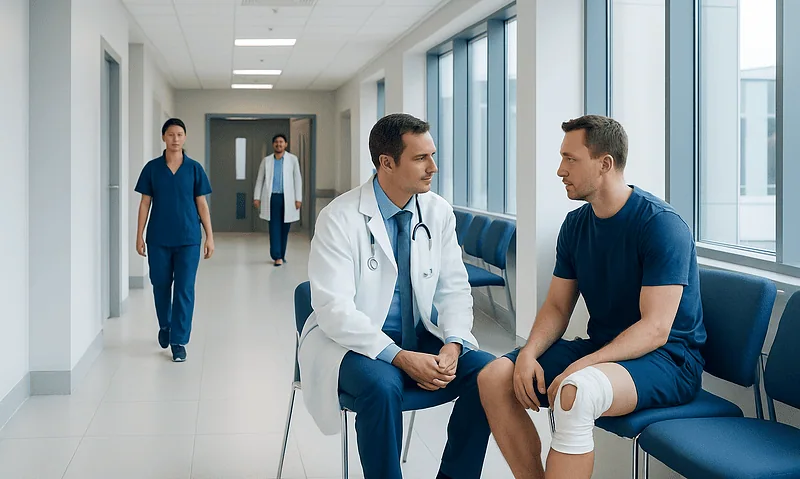 ACL Reconstruction: Surgery Steps, Graft Choices, and Return to Sport 17 Doctor consulting with patient with knee injury in hospital corridor.