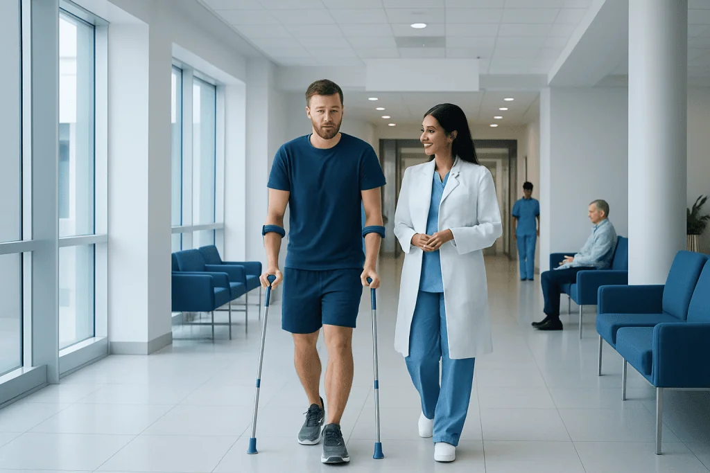 ACL Reconstruction Recovery Timeline: Week-by-Week Expectations 1 Patient walking with crutches in hospital corridor with medical staff nearby.