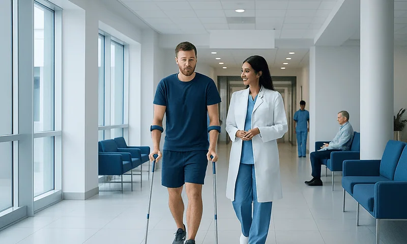 Patient walking with crutches in hospital corridor with medical staff nearby.