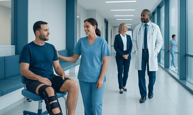 ACL Reconstruction Recovery: Timeline, Rehab, and Return to Sport 17 Patient with knee injury consulting healthcare team at hospital.