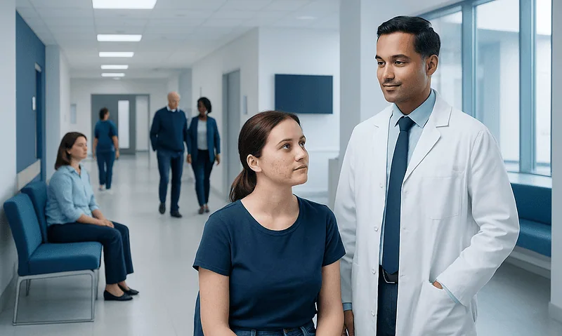 Doctor consulting a patient in a hospital corridor.