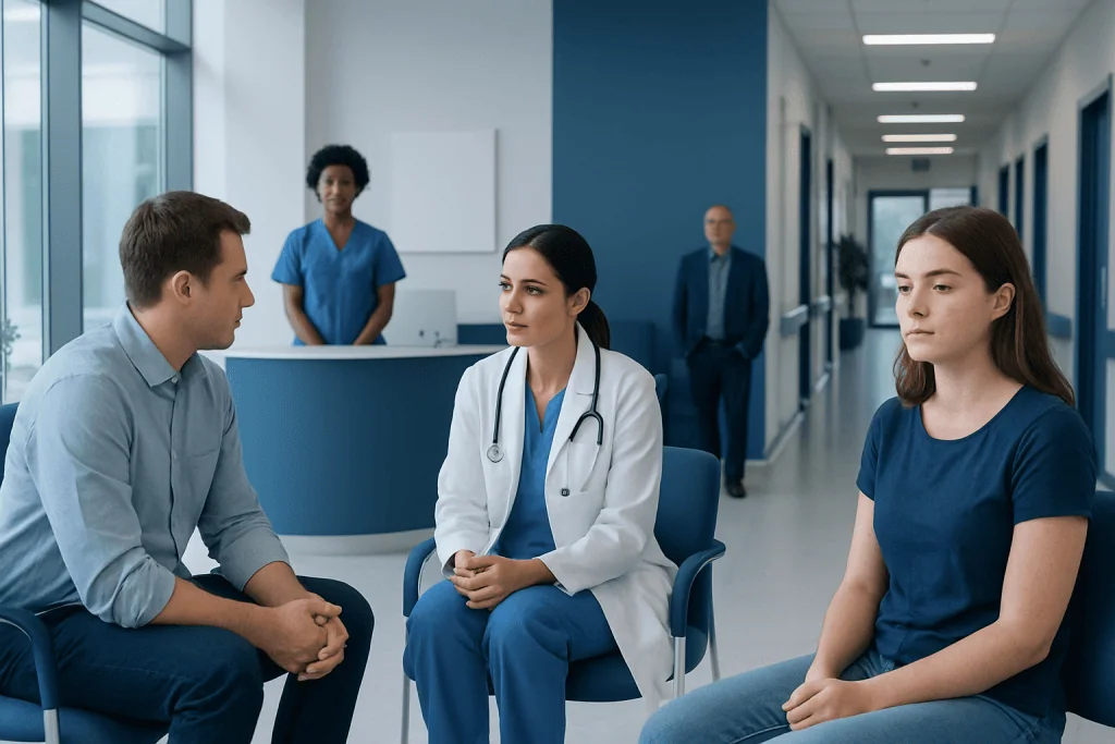 Acne Treatment Options: Topical, Oral, and Procedure-Based Care 1 Medical consultation with doctor and patients in hospital corridor.