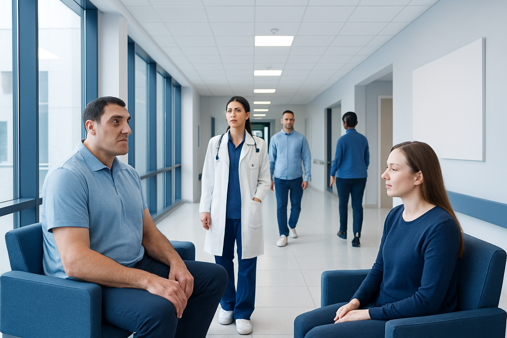 Acromegaly: Early Signs, Causes, and Treatment Options 1 Patients and doctor in a hospital corridor during consultation.
