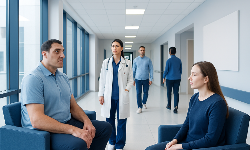 Acromegaly: Early Signs, Causes, and Treatment Options 24 Patients and doctor in a hospital corridor during consultation.