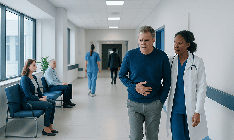 Patient walking with nurse in hospital corridor.