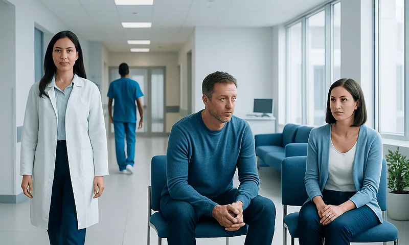 Patients waiting in a hospital corridor with medical staff nearby.