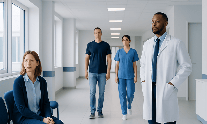 Medical team and patient in hospital corridor for addiction treatment.