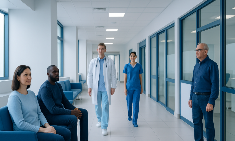 Medical consultation in a modern hospital corridor with healthcare professionals and patients.