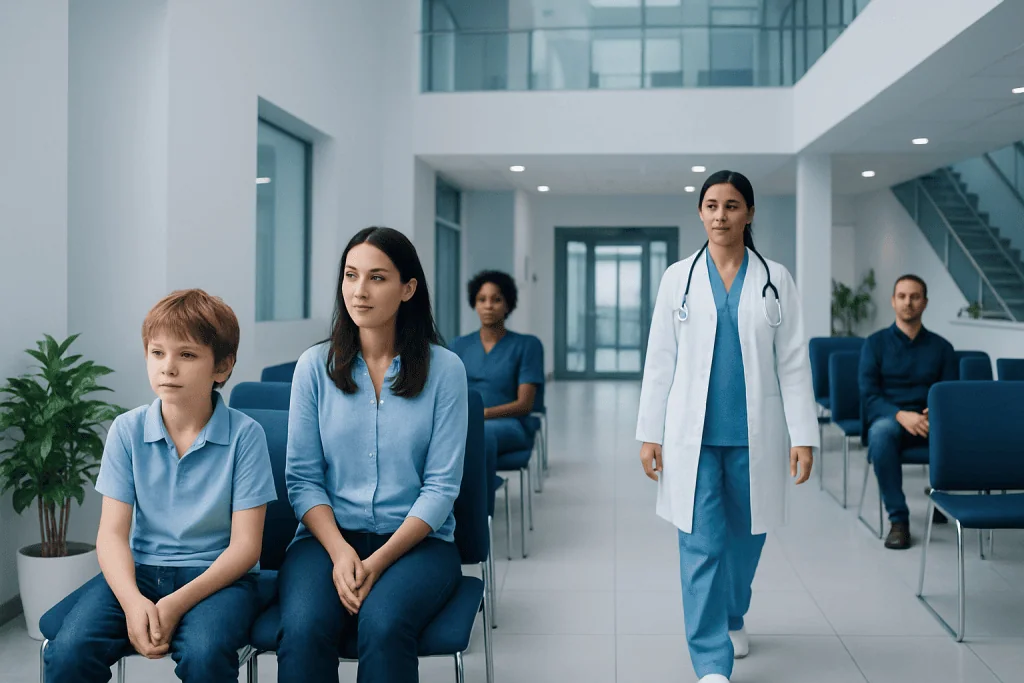ADHD in Children: Signs, Diagnosis, and Daily Management 1 Children and healthcare professionals in a modern hospital waiting area.