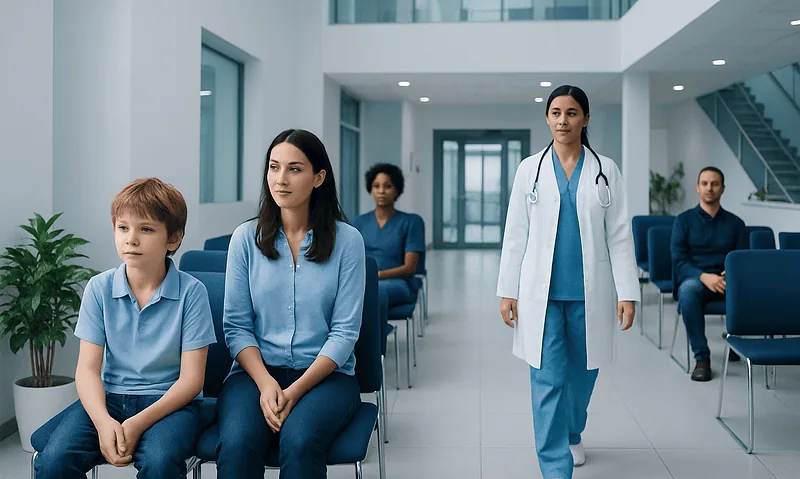 Children and healthcare professionals in a modern hospital waiting area.