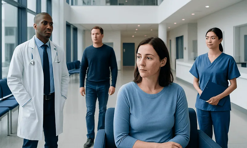 Medical team discussing patient care in hospital corridor.