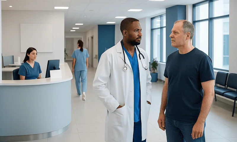 Doctor consulting with patient in hospital corridor.