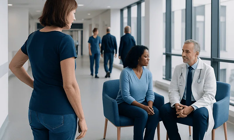 Doctor consulting with a patient in a hospital corridor.