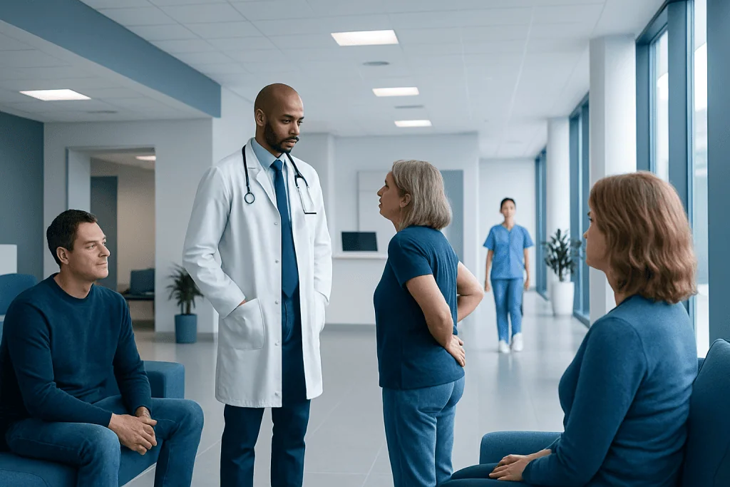 Scoliosis in Adults: When Back Pain or Curve Progression Needs Specialist Care 1 Doctor consulting with patients in a hospital corridor.
