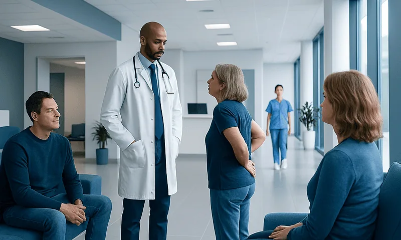 Doctor consulting with patients in a hospital corridor.