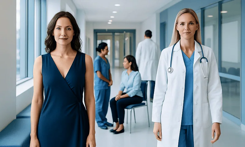 Medical professionals and patient in a hospital corridor.