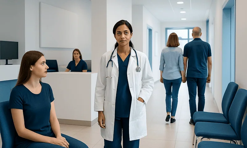 Medical professional in hospital corridor with patients and staff.