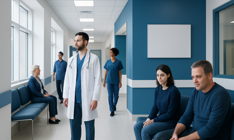 Health Library 1 Medical staff and patients in a hospital corridor at Acibadem Hospitals Group.
