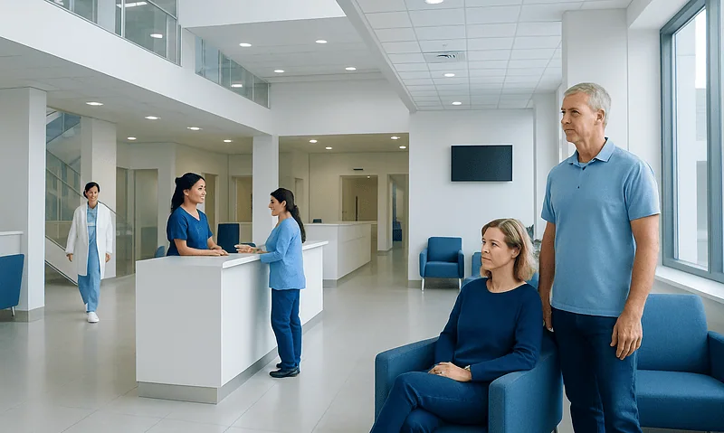 Patients waiting in a modern hospital lobby with staff at reception.