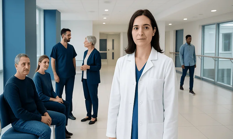 Healthcare professional with patients in a modern hospital corridor.