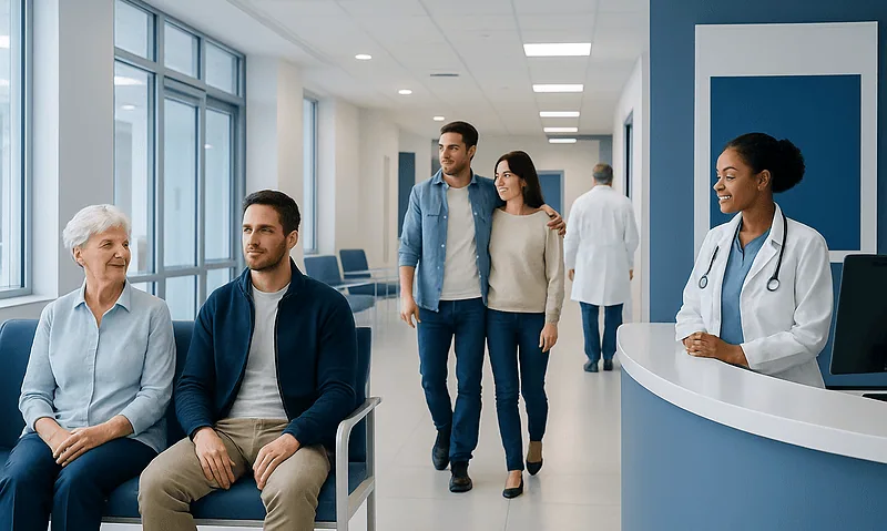 Patients waiting in a modern hospital corridor with medical staff nearby.