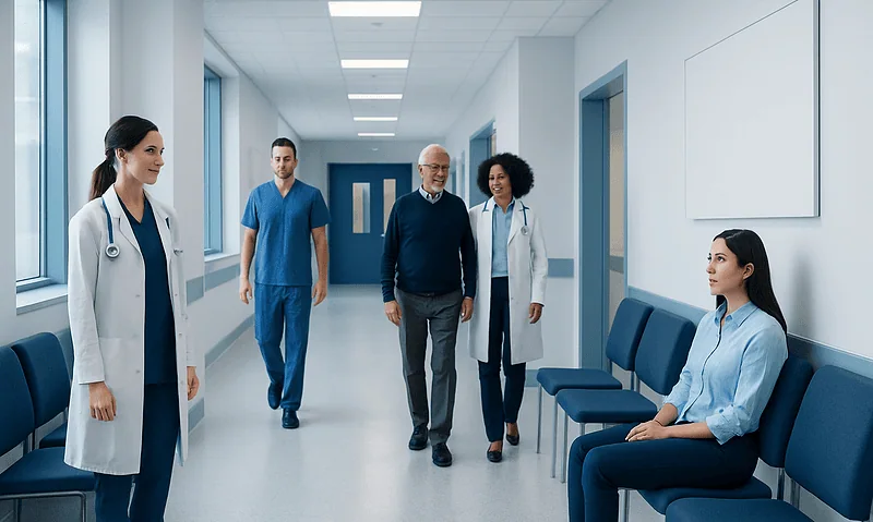 Medical team consulting with patient in hospital corridor.
