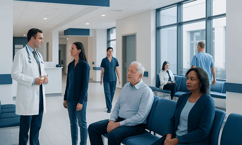 Medical consultation in a modern hospital waiting area with doctors and patients.