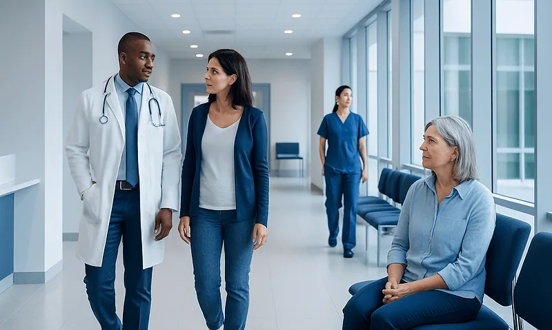 Medical team consulting with a patient in a hospital corridor.