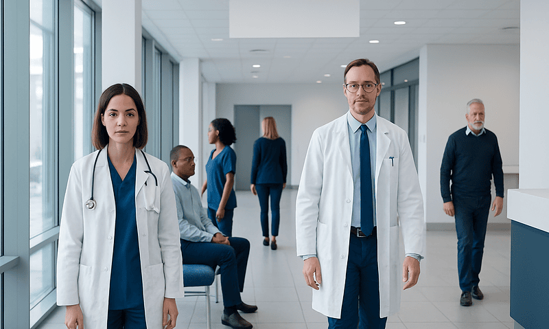 Medical team in hospital corridor with doctors and patients.