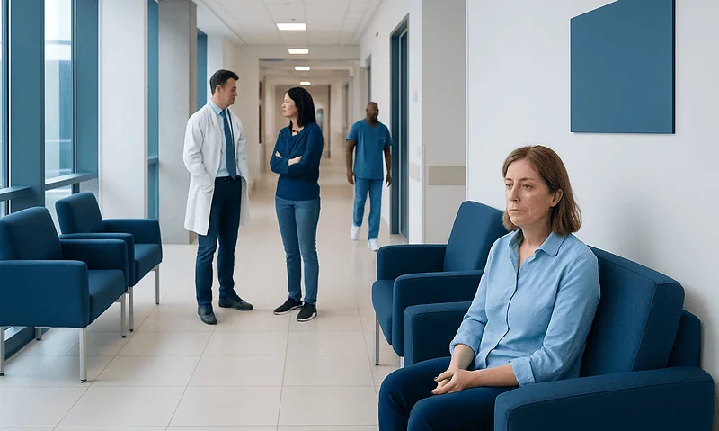 Hospital corridor with patients and medical staff in a modern healthcare facility.
